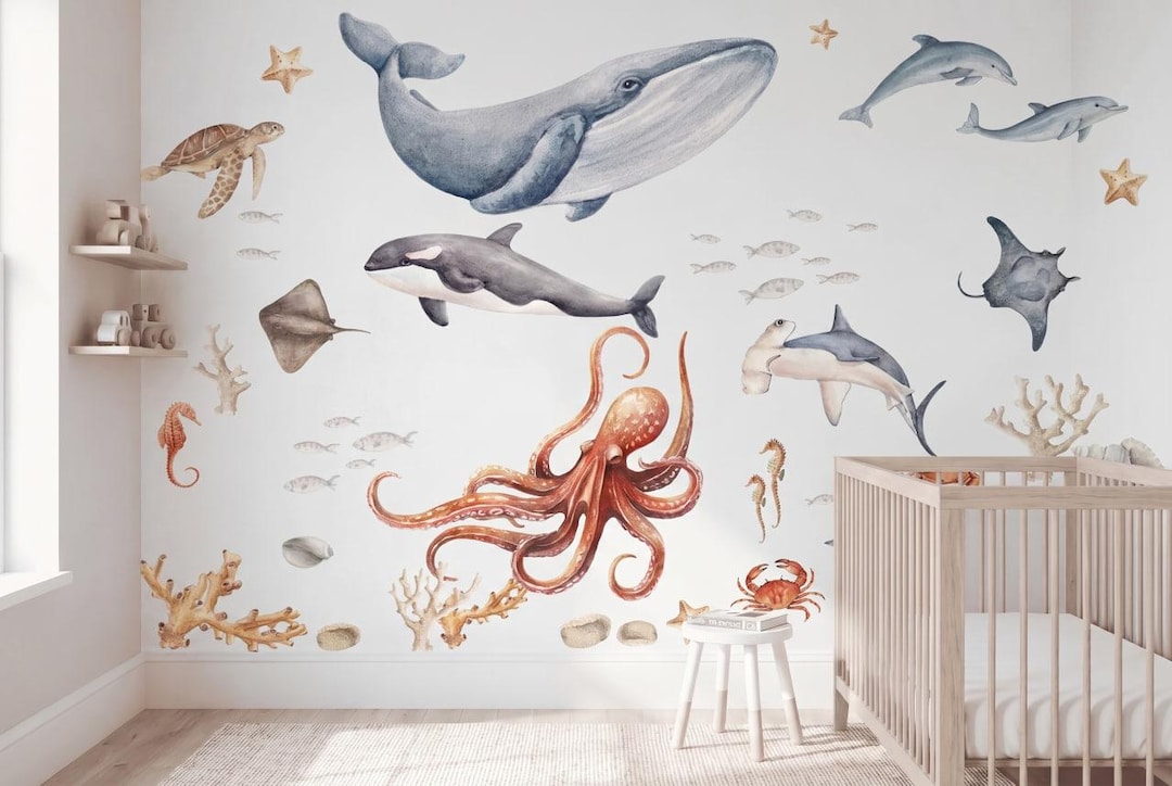 Ocean Wall Decals Under the Sea Nursery, Whale Dolphin Orca Wall Decal ...