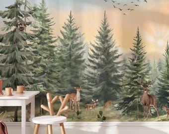 Woodland Wallpaper Peel and Stick, landscape Kids Room Wallpaper Mural, Nursery Wall Mural Pine Tree Forest with Woodland Animal Removable