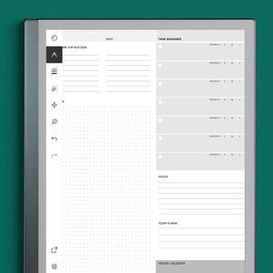 Könnte beinhalten: Eine schwarz-weiße druckbare Planerseite mit den Worten "ARE FOR SUCCESS" und "TASK MANAGER" oben. Die Seite ist in Abschnitte für tägliche Aufgaben, Fokus, heutige Erfolge und Löschen/Delegieren unterteilt.