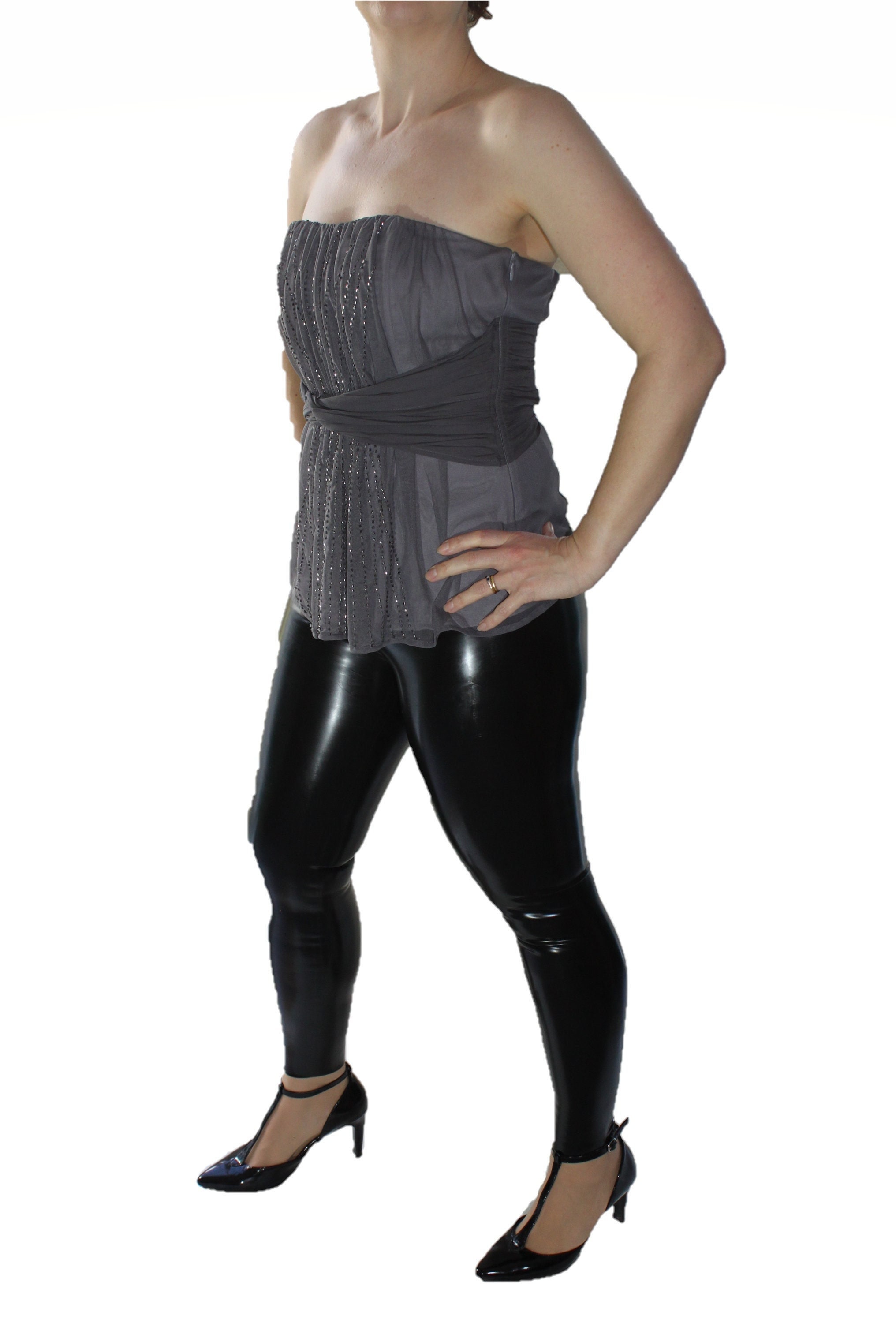 CASPAR HLE023 High Waisted Women Thermal Winter Leggings / Black Jeggings  Wet Look Faux Leather Design