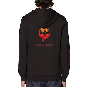 May include: Black zippered hoodie with a red and orange phoenix graphic on the back. The text "Wings of renewal" is printed below the graphic.