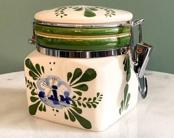 Vintage Dutch Style White, Blue and Green Hand Painted Ceramic Canister