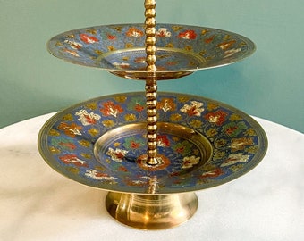 Vintage Brass and Enamel Inlay Two Tier Cake Stand with Green, Red and Yellow Floral Design