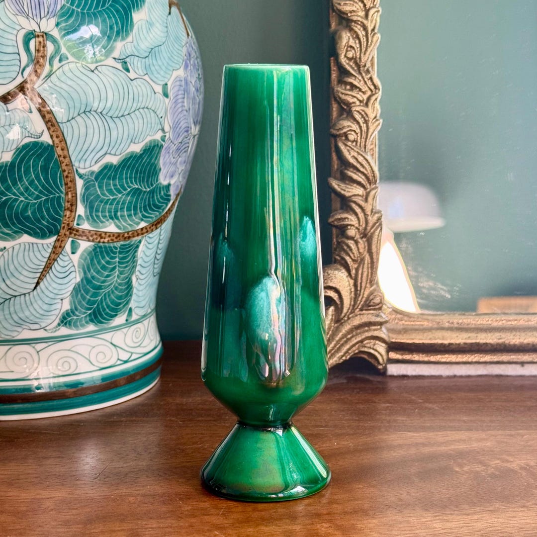 Vintage Handmade Ceramic Bud Vase – Green and Blue Drip Glaze Pottery ...