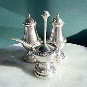 Vintage Ianthe of England Silverplate Cruet Set – Salt, Pepper and Mustard Pot with Spoon