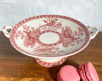 Small Vintage One Tier Cake/Dessert Stand Decorated with a Red Asian Style Botanical Design