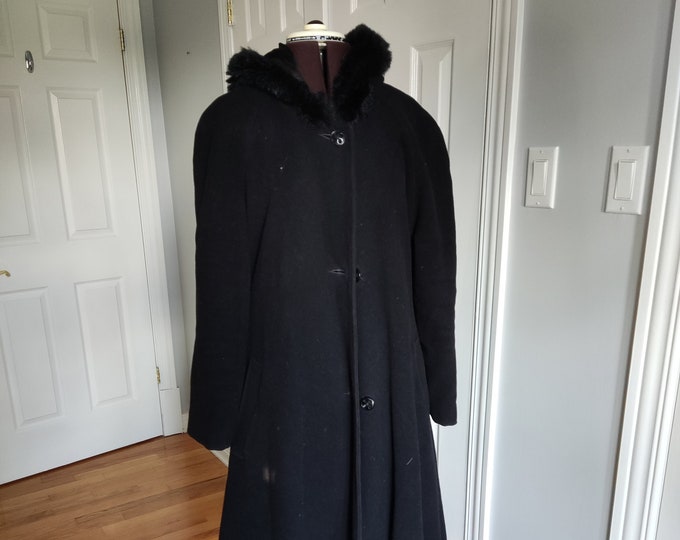 Vintage Black Pure Wool Women's Long Coat With Hood,two Pockets, EMBLEM