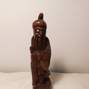 Vintage Hand-Carved Oriental Wooden Figurine: Old Man Holding Fish - Unique Decorative Art Sculpture