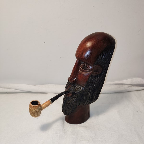 Rare vintage large wood carving statue/sculpture,Jamaican man,man bust,tobacco pipe smocking man,mustache man,man cave decor,men gift