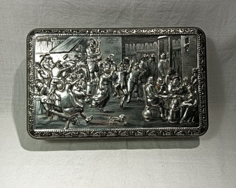 Vintage GBC rectangula biscuit tin/metal box, embossed tavern/bar figures motif, made in Belgium,collectible, decorative,gift