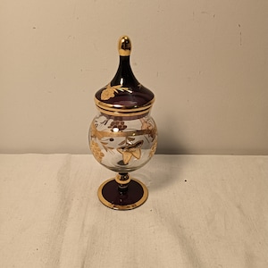 Vintage Bohemian Etched Gilt Glass Apothecary Jar with Lid - Decorative Sugar Bowl or Candy Container