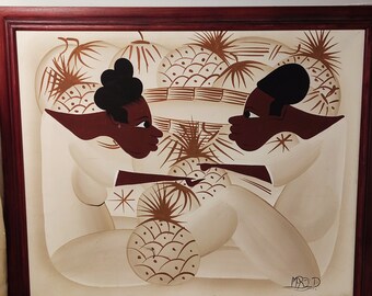 Vintage Signed African Women Portrait on Fabric Canvas, Wooden Frame Wall Art Decor Gift