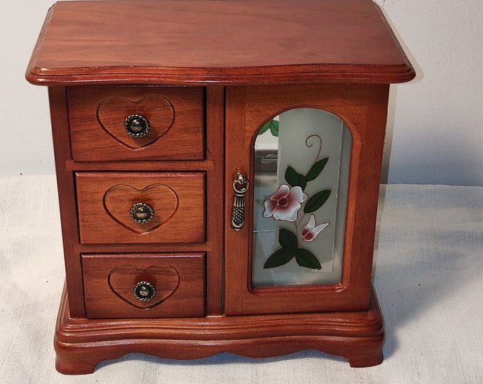 Vintage Wooden Dresser Shaped Jewelry Box,3 Drawers,stained Glass Door