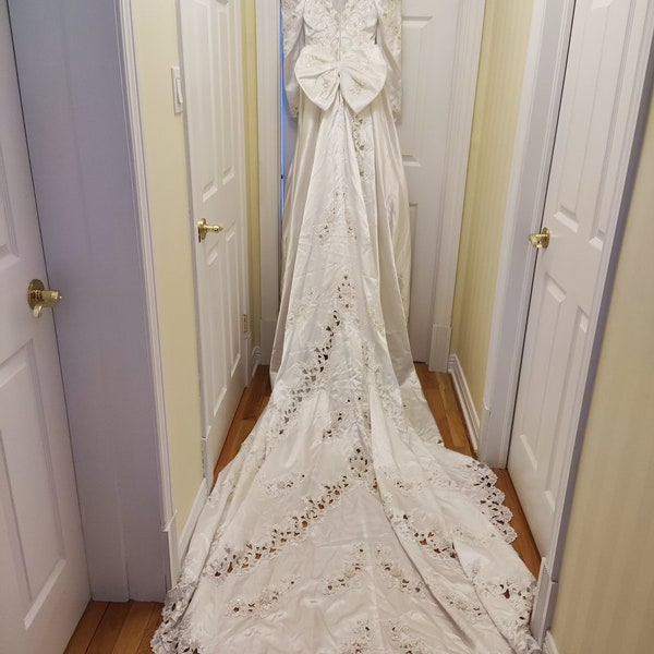 Vintage pure white heavy beaded satin wedding  gown or dress with long sleeves and train,Mori Lee, US size 10, 1990s, has been cleaned,boxed