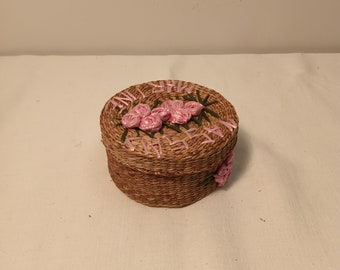 Vintage handmade woven straw lidded box,basket,storage box, keepsake box with pink flower and name: NASSALI MARINE