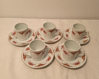 Vintage kinesisk export Famille Rose keramisk Demitasse tekoppset med förgylld kant, 1960-talets ersättning