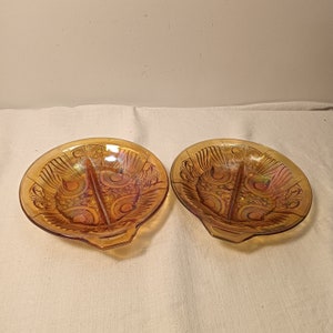 Vintage Indiana Carnival Glass Amber Divided Serving Dishes - Collectible Nut Candy Bowl Set