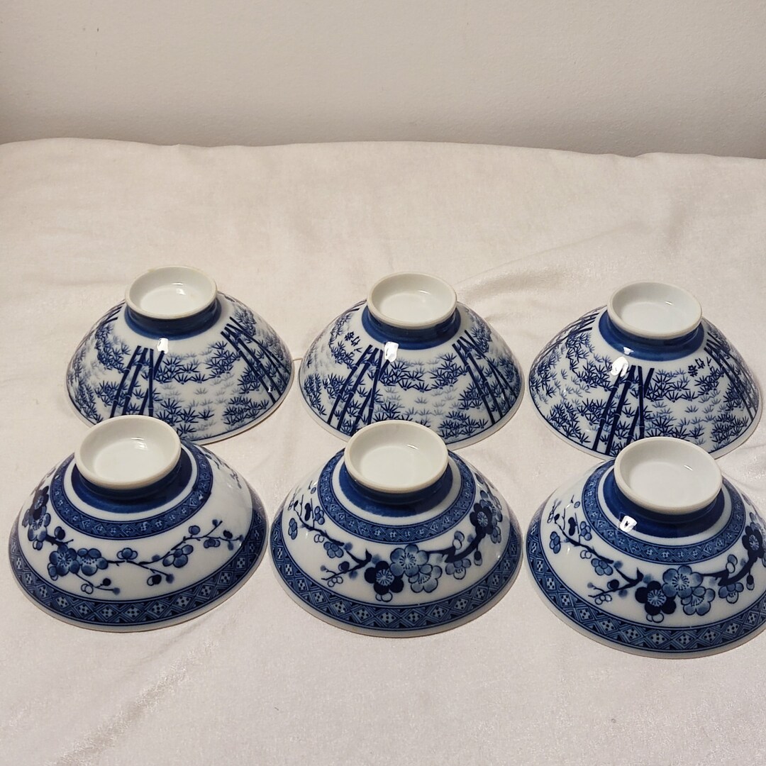 Vintage Japanese Ceramic Rice Bowls Set of 6 - Asian Porcelain Dining ...