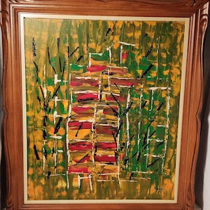Vintage 1973 Abstract Oil Painting: Signed Artwork in Wooden Frame