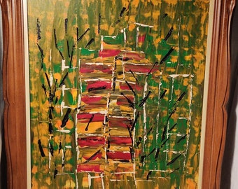 Vintage 1973 Abstract Oil Painting: Signed Artwork in Wooden Frame