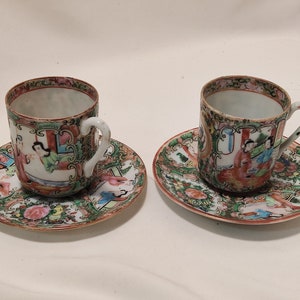 Two Set of Antique Chinese Export Hand-Painted Famille Rose Ceramic Teacups and Saucers,Collectible, Decoration,Gift Ideas,19th Century