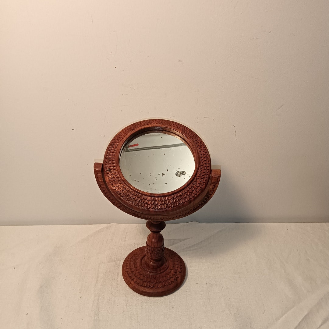 Hand Carved Round Wooden Table Mirror Vanity Moirror Makeup Etsy