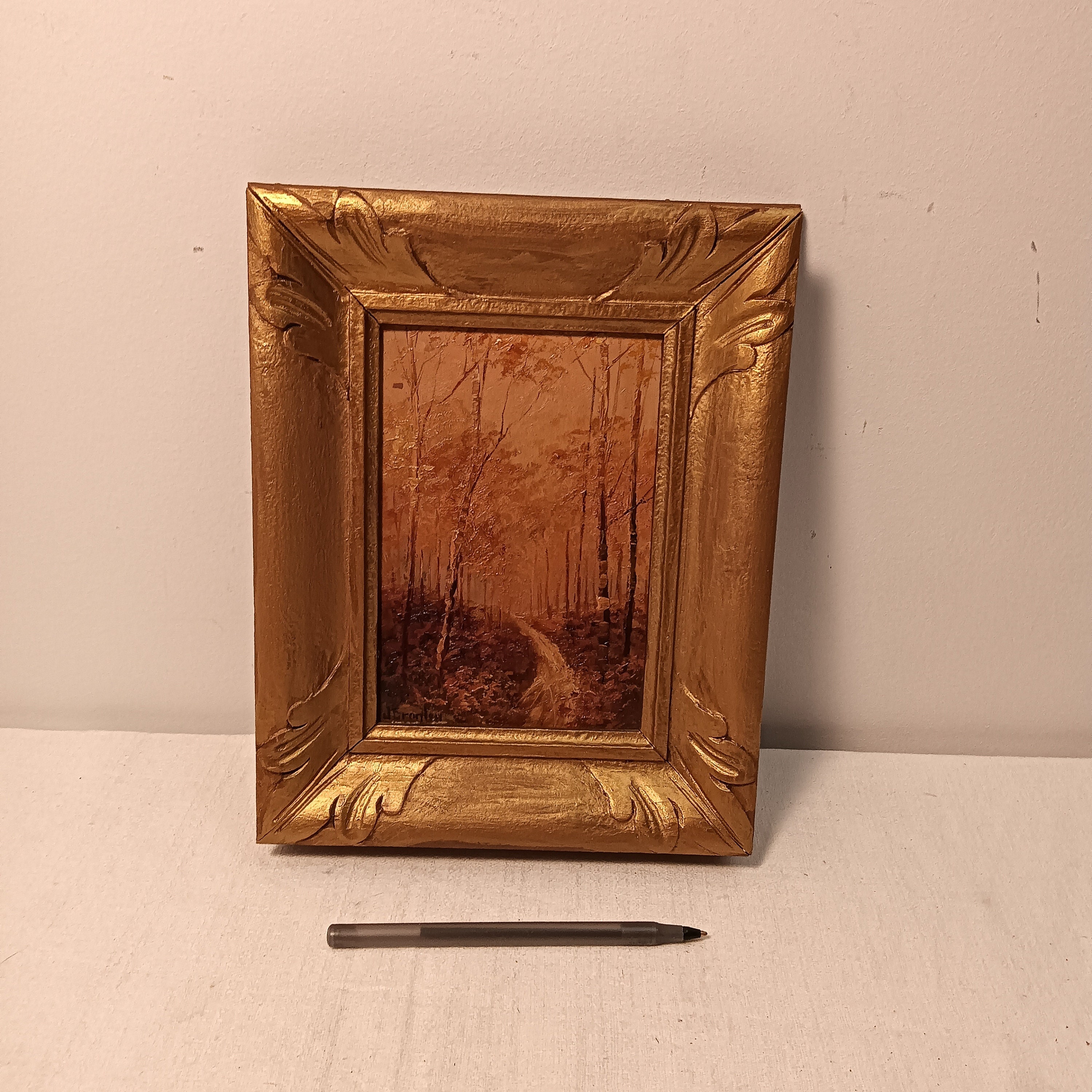 Small Vintage Oil Painting on Board, Wood Frame, Signed, Forest Scene