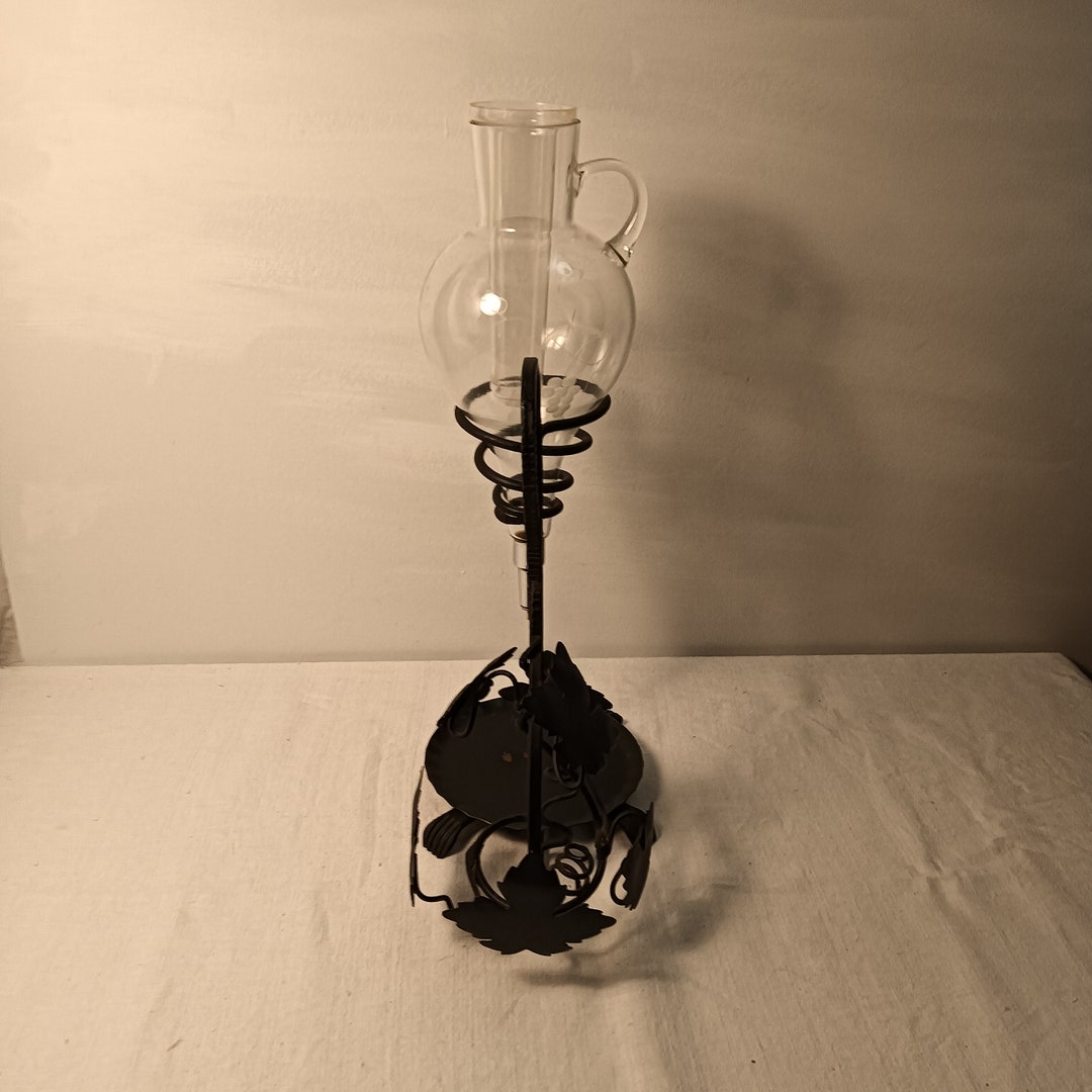 Vintage Etched Clear Glass Wine Decanter/dispenser, Wrought Iron Stand