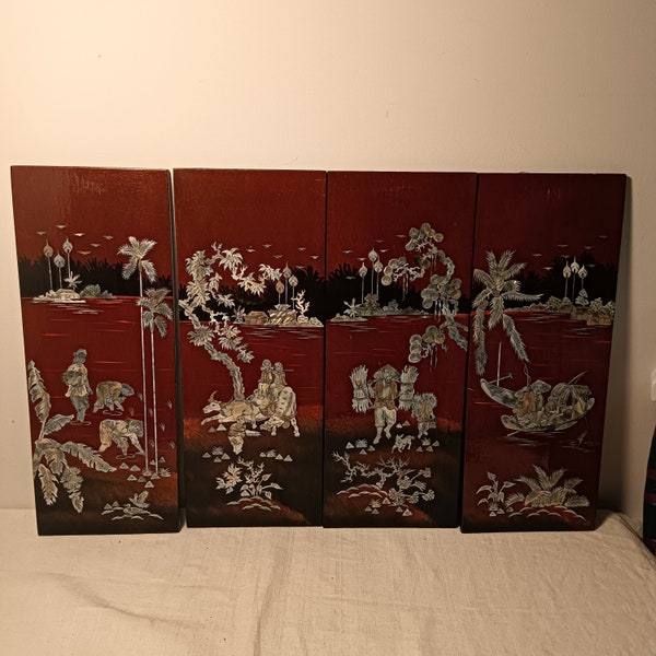A set of 4 vintage Asian wooden lacquer panels, mother of pearl inlay,lacquer art, Asian art,wall hanging,wall decoration,wall art, gift