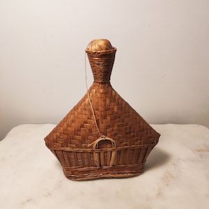Vintage Handcrafted Wicker Braided Flat Bottle for Cottage or Farmhouse Decor, Collectible