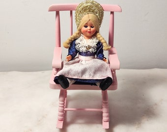 vintage doll house chair, sleepy eyes doll,handmade wooden mini rocking chair, doll furnature,toys,kid's gift,doll collector gift,1970s