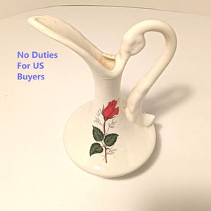 Vintage The Sampler Shoppe Hand Signed White Ceramic Rose Ewer Pitcher Décor Vase