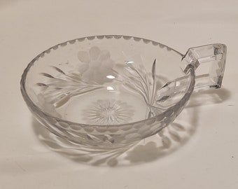 Vintage etsad blommig godisskål i glas med handtag