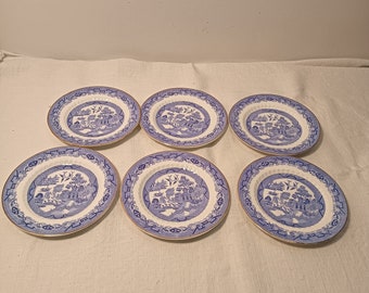 6 pc England antique blue and white ceramic butter plates,dishes,blue willow pattern,gilt rim,tableware,decoration,replacement