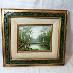 Vintage Wooden Framed Oil Painting on Canvas-Forest Scene, Signed by Artist Wallace
