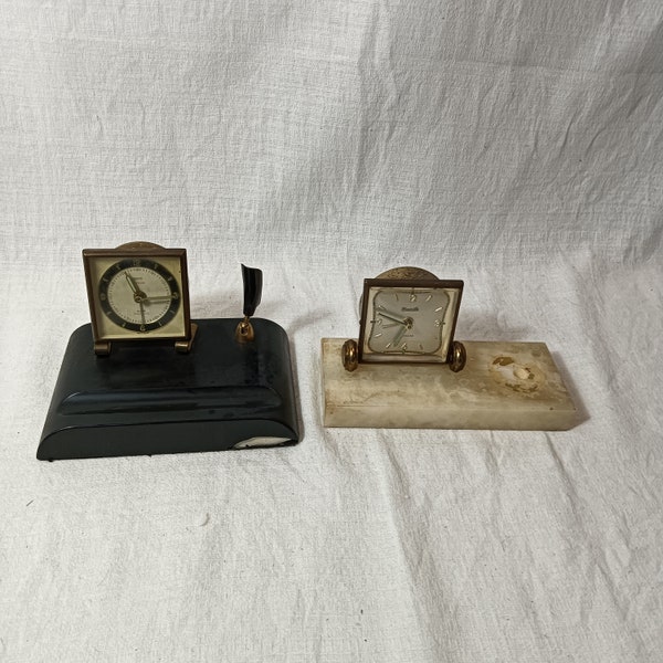 2 Vintage made in Germany desk clocks for parts, old clock, Selfix Jewlled alarm Climatized clock, Forestville clock