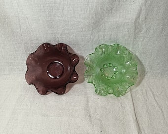 2  vintage ruffled glass bowls, purple bowl, green bowls, candy/nuts/dessert bowl, replacement