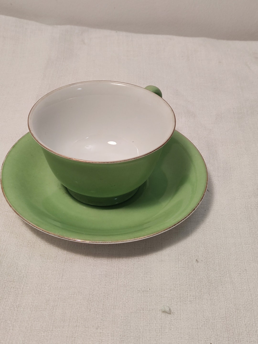 A Set of Vintage Japanese Handpainted Noritake Porcelain Green Teacup
