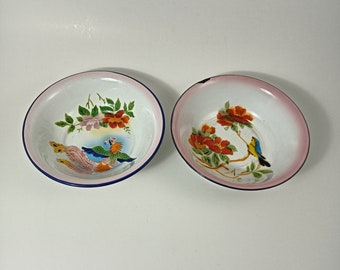 2 bols chinois vintage en émail porte-bonheur, motif floral et oiseau, style rustique, décoration de chalet/ferme,