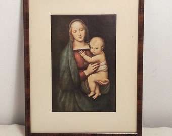 Vintage wooden framed Italian artist Raphael art print, reproduction print, Madonna del Granduca,wall hanging, religious art, wall decor