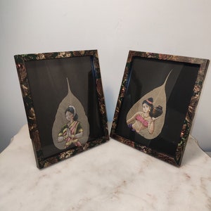 Framed Indian Folk Art: Peepal Leaf Paintings, Women Portraits