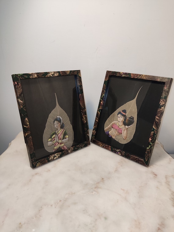 Framed Indian Folk Art: Peepal Leaf Paintings, Women Portraits