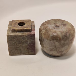 Vintage Soapstone Office Decor Set: Pen/Candle Holder & Apple-Shaped Trinket Box - Handcrafted Indian Gift