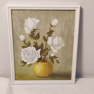 Vintage Signed Acrylic Painting: White Roses in Vase - Framed Wall Art Decor, Unique Gift Idea