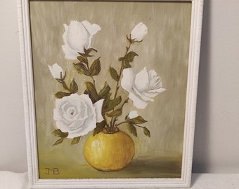 Vintage White Roses Acrylic Painting: Signed Framed Floral Wall Art