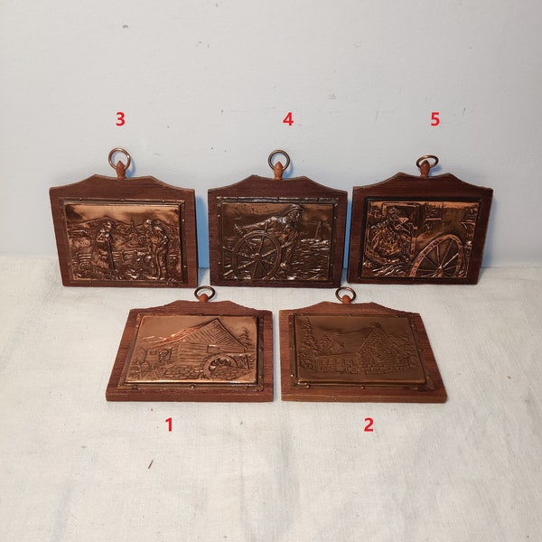 5 vintage Quebec copper art,wood base,hammered/embossed copper pictures,wall hanging, by Albert Nadeau,bar deocr,cottage decor,collectible