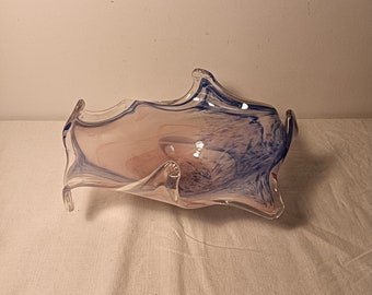 Large vintage art glass bowl,cobalt blue abstract pattern,fruit bowl,decorative,gift