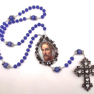 Blue Rhinestone Locket Rosary With Jesus Photo