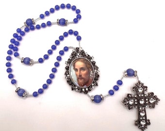 Blue Rhinestone Locket Rosary With Jesus Photo