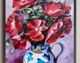 花瓶の中のポピーの油絵 | 赤い花の静物画 | 手描きの花柄キャンバス